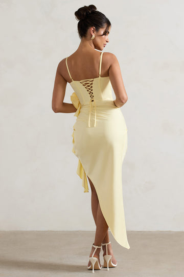 On The List Lemon Asymmetric Corset Maxi Dress With Floral Drape